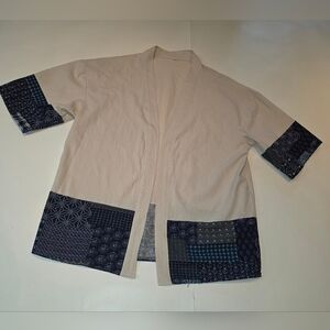 Beige Kimono Jacket with Navy Patchwork Detail